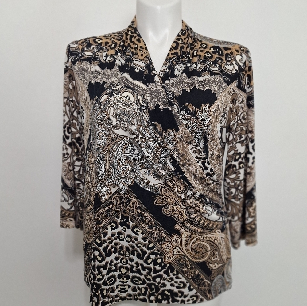 Chicos Black Brown Multi Print Mobwife Boho Faux Wrap Surplice Blouse Size XL
